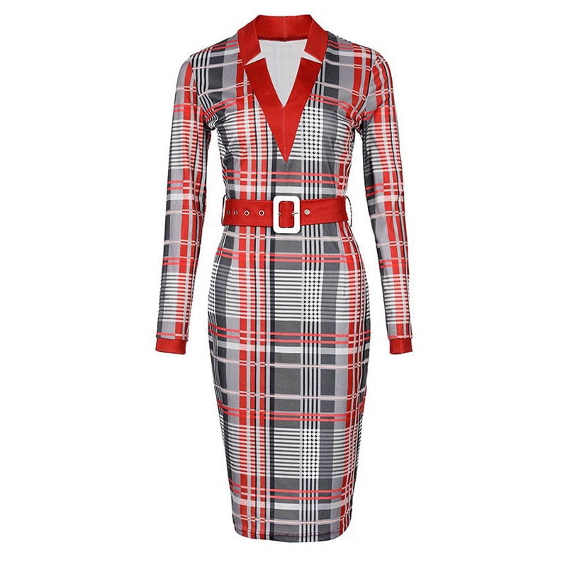 Sixsr Trends Fashion Vintage Women Pattern Print Office Dresses Spring Autumn V-neck Long Sleeve Slim Bodycon Midi Dress Elegant Ladies Belt Vestidos