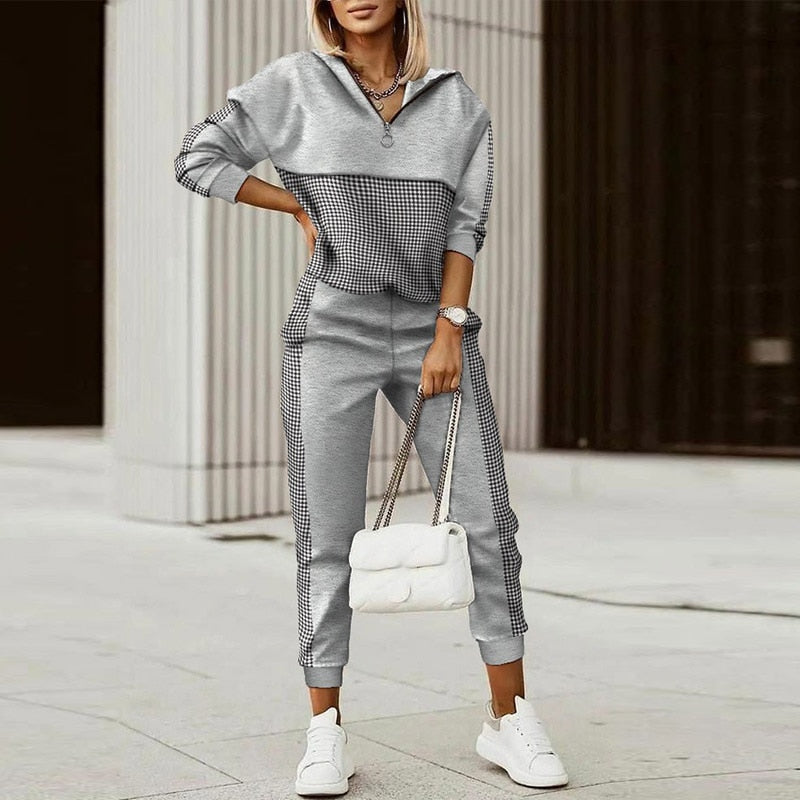 Sixsr Spring Autumn Women Fashion Print Splicing Tracksuits Two Piece Sets Female Casual Long Sleeve V Neck Top Jogging Pant Suit