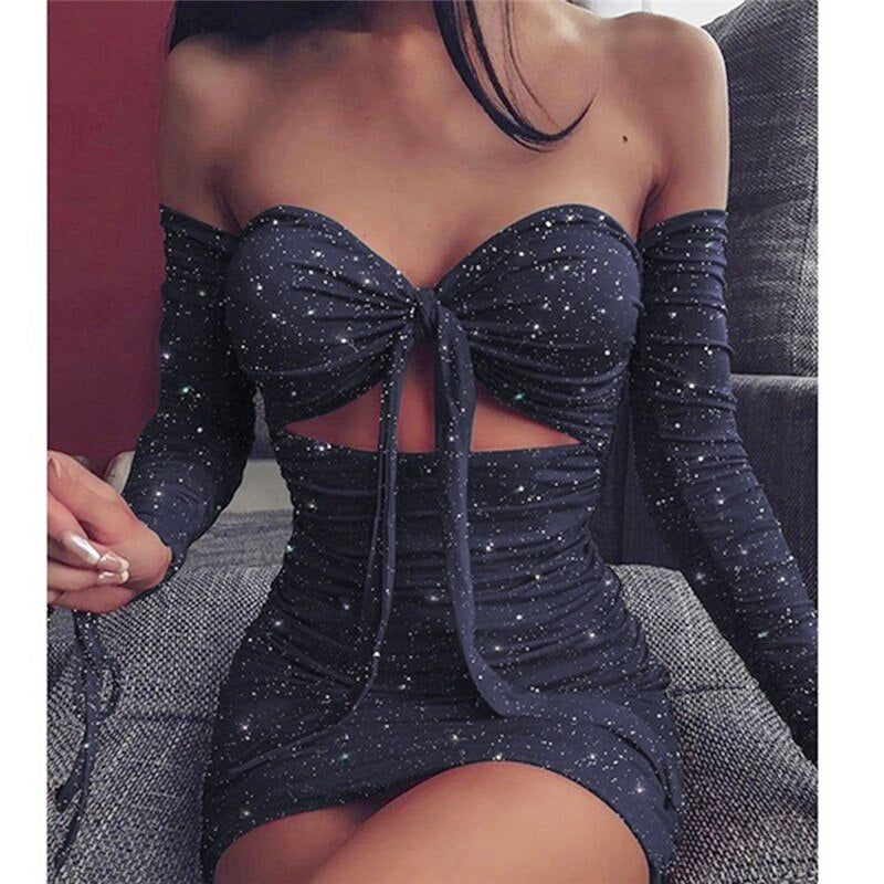 Sixsr Shiny Party Sexy Dress Women Hollow Out Strapless Tie-Up Fashion Dress Fashion Long Sleeve Pleated Dresses Slim