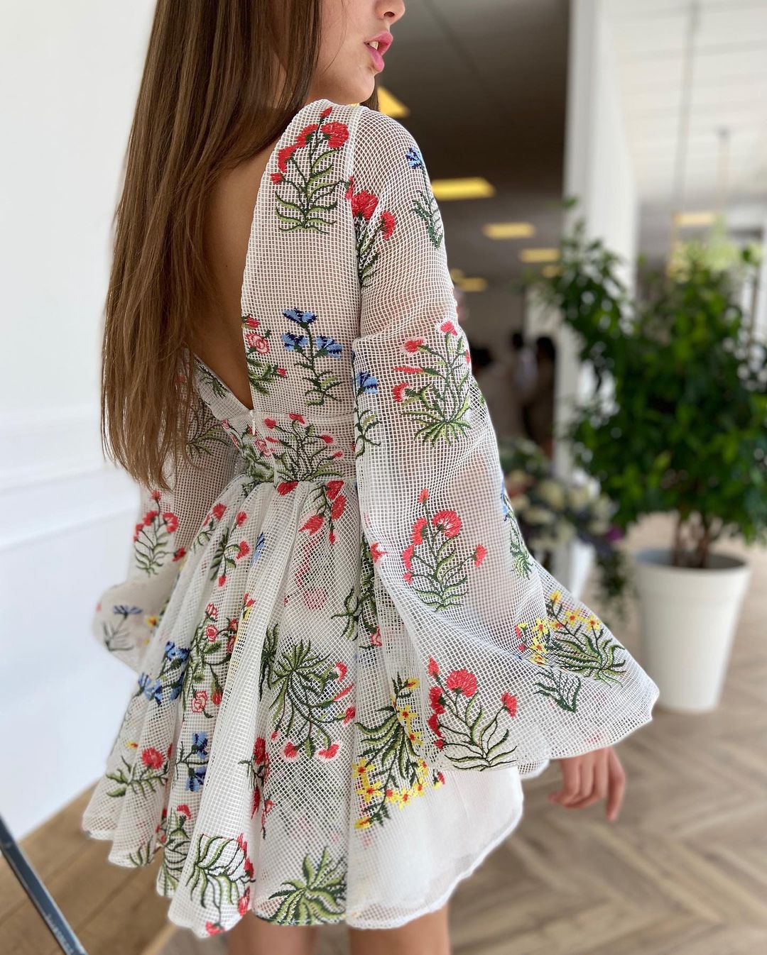 Sixsr Women's Dress Spring Mesh Floral Embroidery Sexy V-Neck Dresses Cute Lantern Sleeve Mini Dress