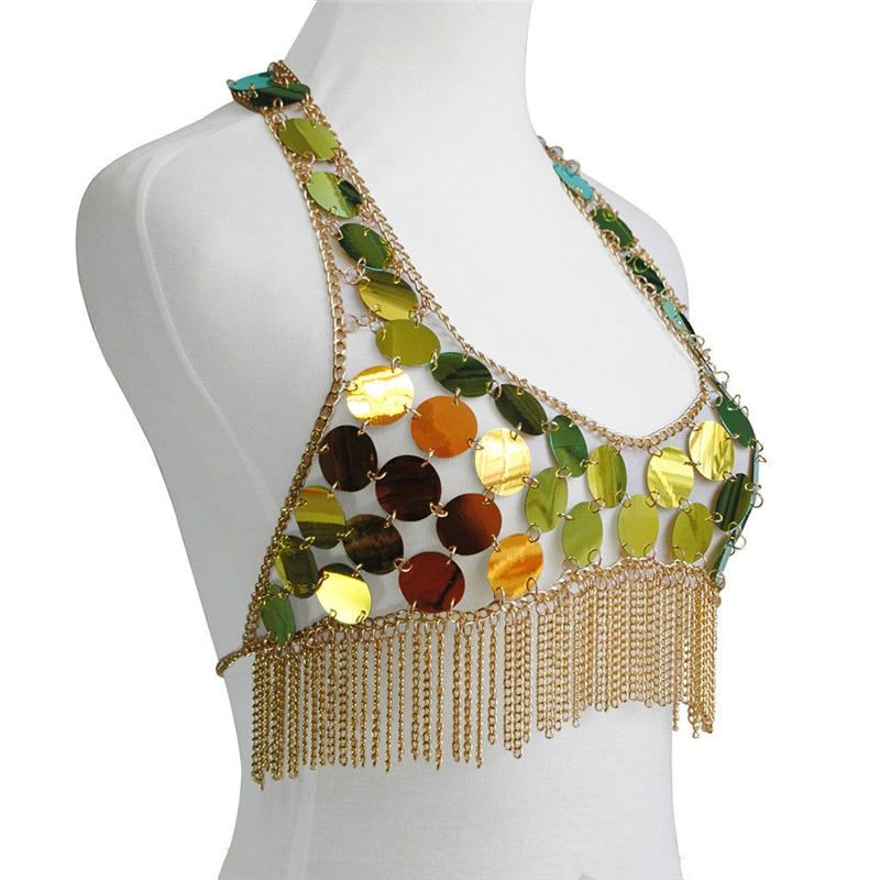 Sixsr Trends Fashion Gradient Color Shiny Sequins Dots Two Piece Set Low Cut Backless Sleeveless Crop Tops Tassel Mini Skirt Sexy Beach Outfits