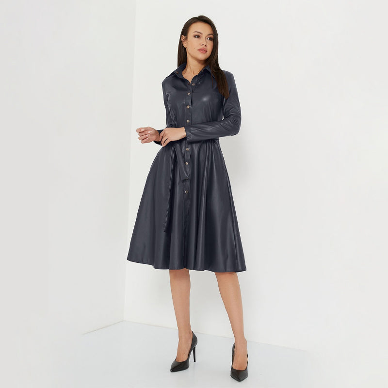 Sixsr Winter Casual Sashes Pu Leather A-Line Dresses Women Turn-down Collar Long Sleeve Solid Color Knee Dress Office Lady Wear
