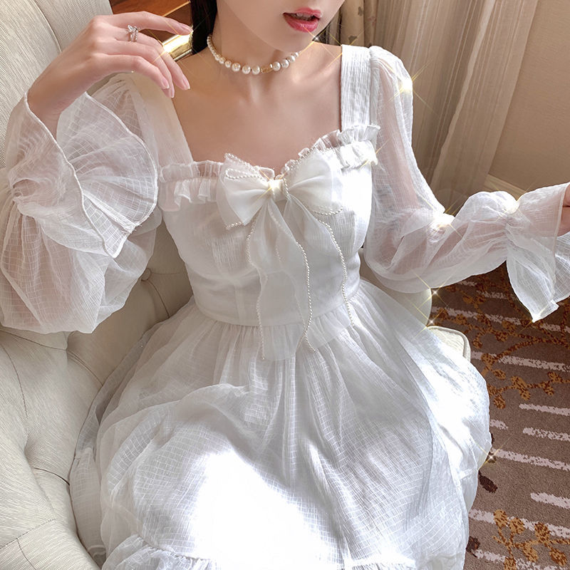 French Sweet Fairy Lolita Dress Women Long Sleeve Lace Y2k Mini Dress Vintage Kawaii Clothes One Piece Dress Korean Autumn