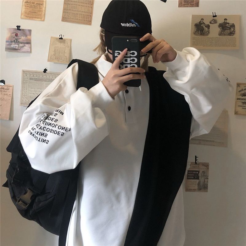 Sixsr new stitching contrast shirt Korean Hong Kong style sweatshirt Preppy hip hop oversize long-sleeved t-shirt men women