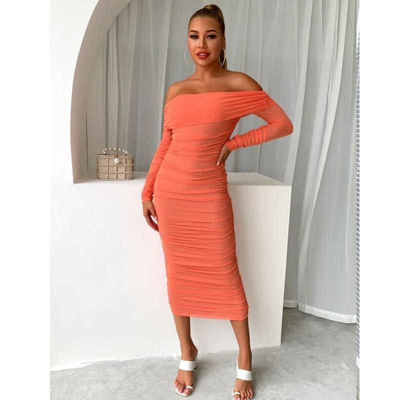 Sixsr Trends high quality Off Shoulder Ruched Double Layer Mesh Dress Women Long Sleeve Sexy Dresses Ladies Autumn Party Long Christmas Dress
