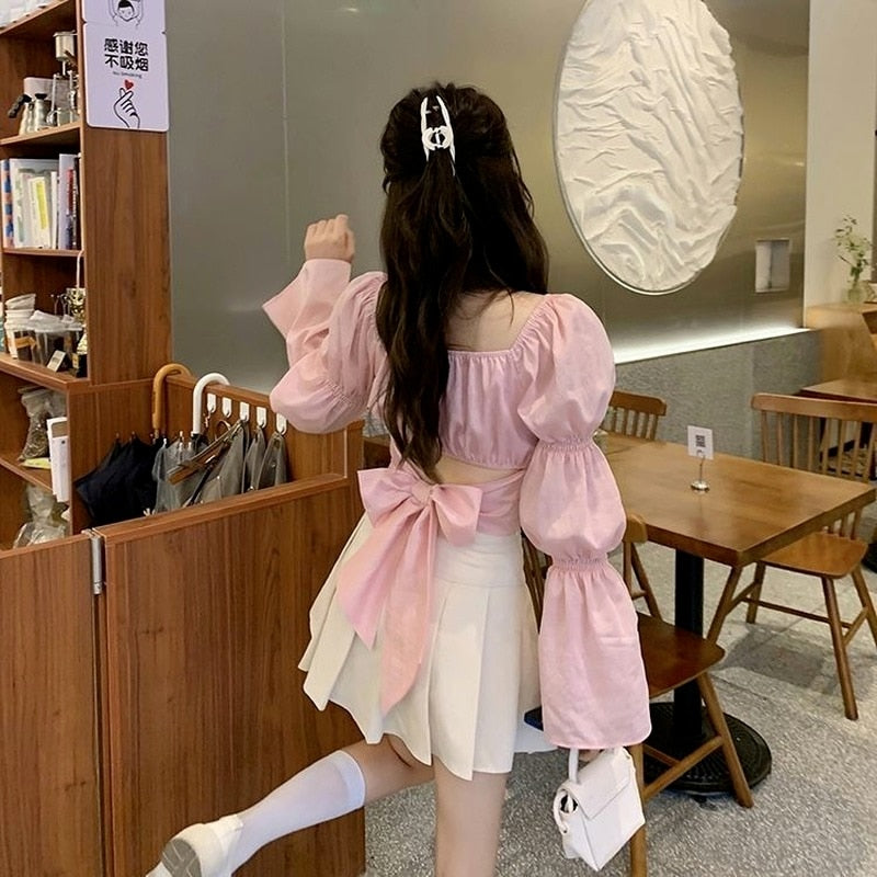 Sixsr Women Spring Fashion Back Puff Sleeve Shirts Women Autumn French Bow Bandage Blouses New Black Pink Square Neck Cropped Tops Female