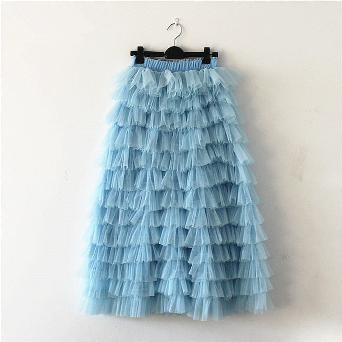 sixsr jupe femme ete Spring Party Skirt Elastic High Waist Long Tulle Skirt Women Multilayer ruffles Pink Mesh Tutu Skirt Ladies