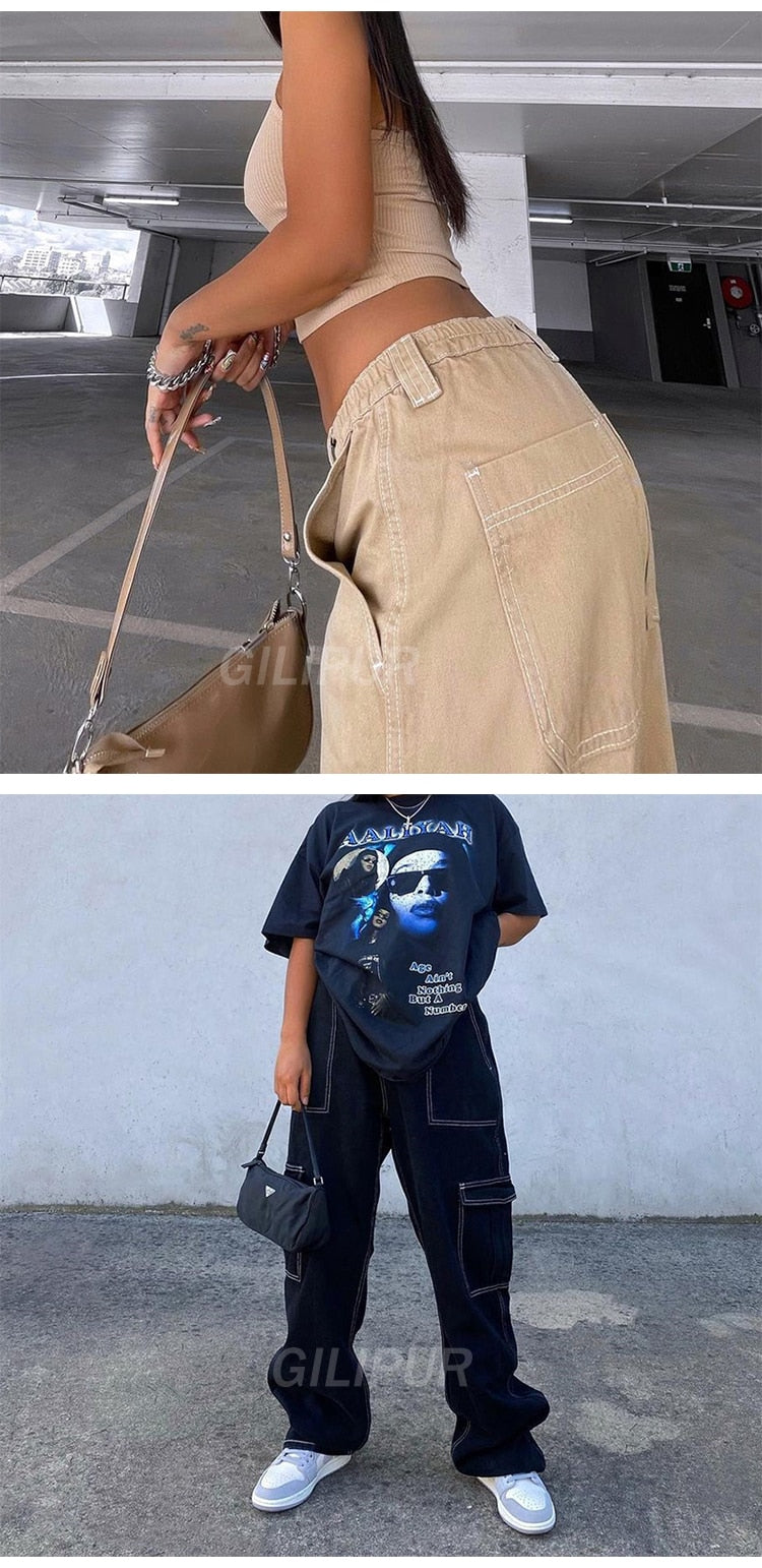 Sixsr Y2k Cargo Pants Women's Jeans New Fashion Baggy Jeans Denim Overalls 90s Low Rise Pocket Straight Leg Trousers Streetwear