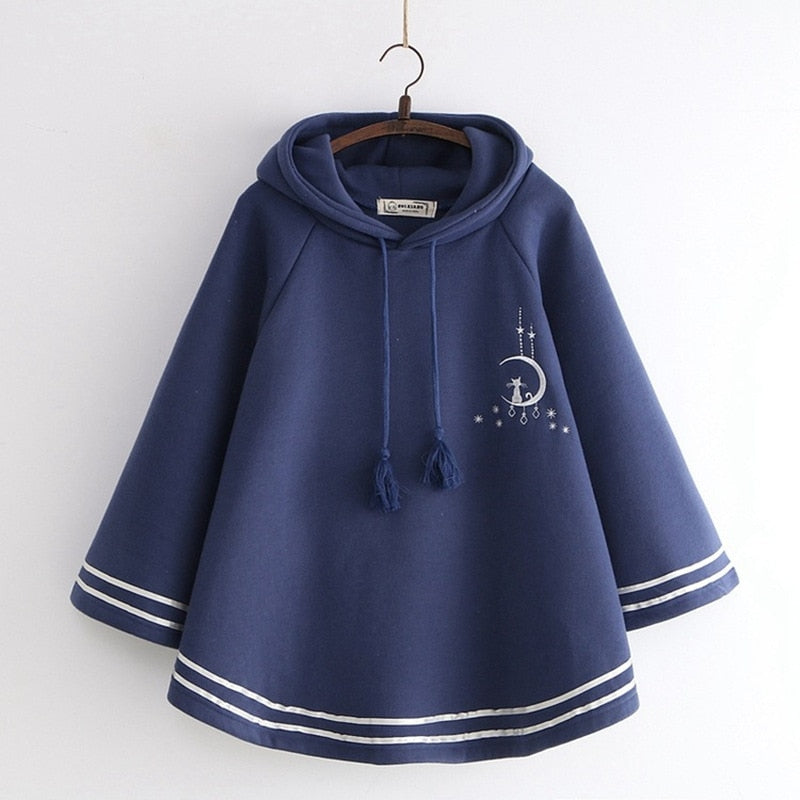 Sixsr Lolita Cloak Harajuku Hoody Cloak Japanese Angry Cat Christmas Deer Fleece Cape Loose Pullover Batwing Sleeve Hoodie Coat