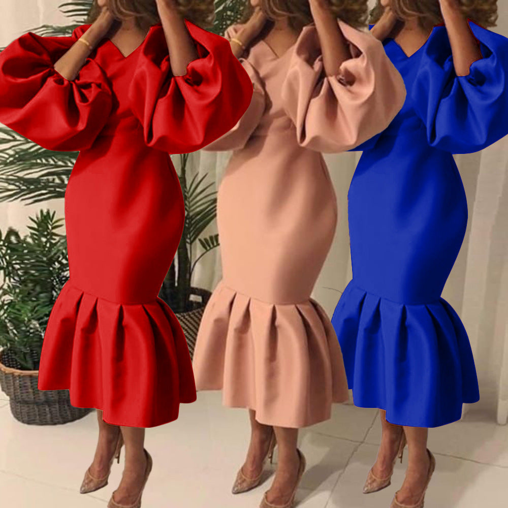 Sixsr Women Party Dress V Neck Long Puff Sleeves Bodycon Sexy Event Occasion African Female Fashion Autumn Spring Robes Vestidos New