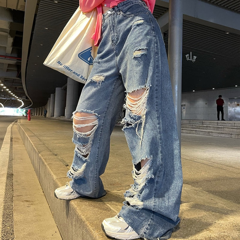 Sixsr Spring And Autumn women's ripped jeans high waist loose straight pants wide leg pants women's jeans Y2K high street jeans