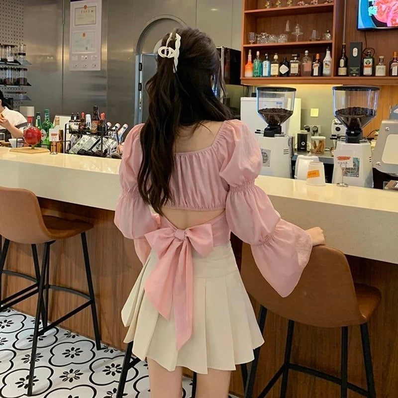 Sixsr Women Spring Fashion Back Puff Sleeve Shirts Women Autumn French Bow Bandage Blouses New Black Pink Square Neck Cropped Tops Female
