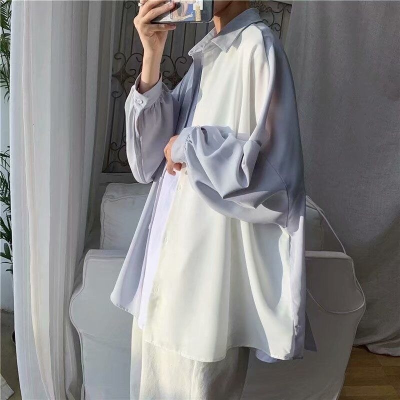 High street cold shirt men women aesthetic niche trend loose stitching long-sleeved blouse Hong Kong style lovers elegant shirt