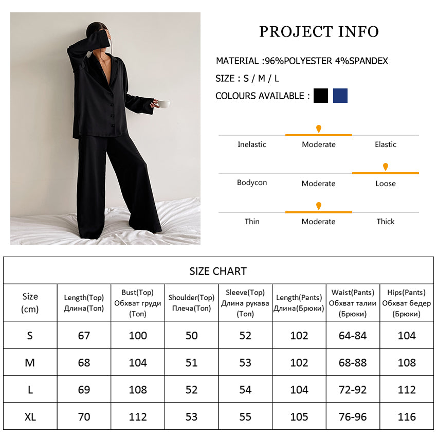 Sixsr Oversized Satin Silk Sleepwear Low Cut Sexy Pajamas For Women Single-Breasted Long Sleeves Wide Leg Pants Trouser Suits