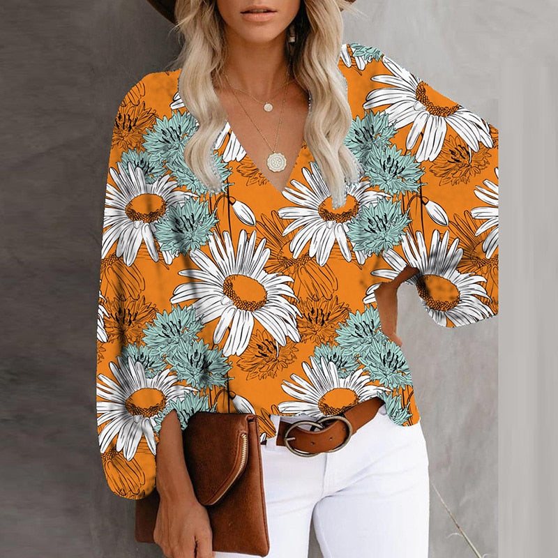 sixsr Summer Outfits Female Streetwear Oversized XXXL Tops Blusa Summer V Neck Long Lantern Sleeve Blouse Casual Women Printing Loose Elegant Shirts