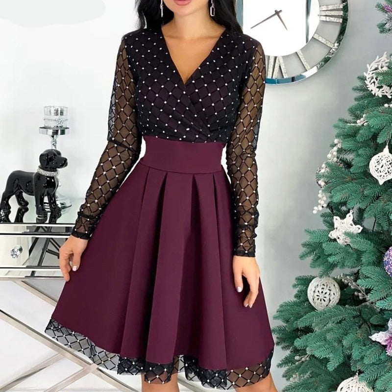 Sixsr Spring Outfits Fashion Shiny Sequin Diamond Mesh Stitching Dress Women Spring Autumn Sheer Long Sleeve Belted Slim A Line Dresses