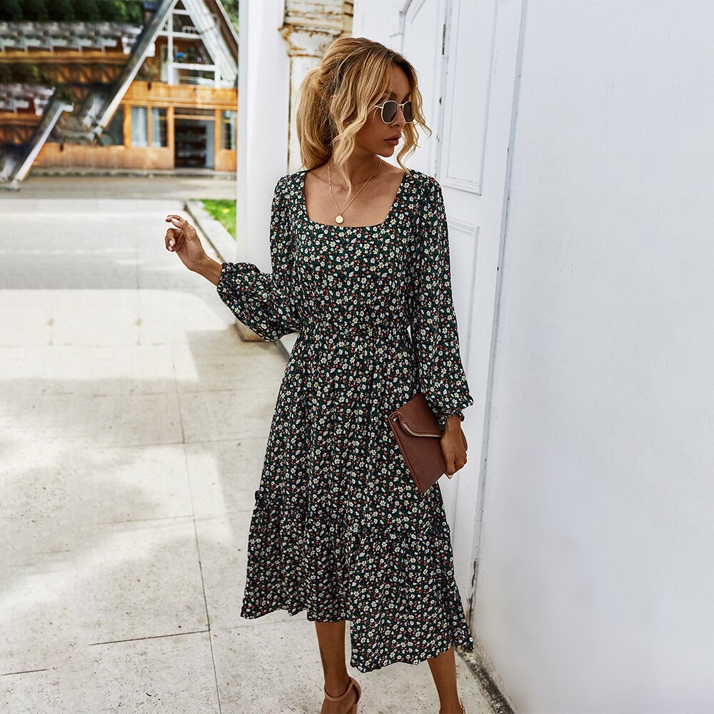 sixsr Women Long Dress Autumn Winter Long Sleeve Elegant Ladies Flower Square Collar Dresses Party Black Clothes For Woman