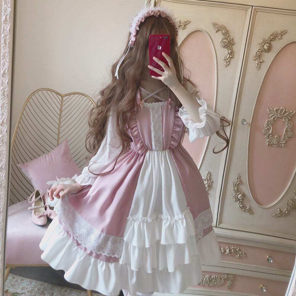 Sixsr Quality Kawaii Lolita Style Dress Women Lace Maid Costume Dress Costume Sweet Gothic Party Robe Renaissance sSpring