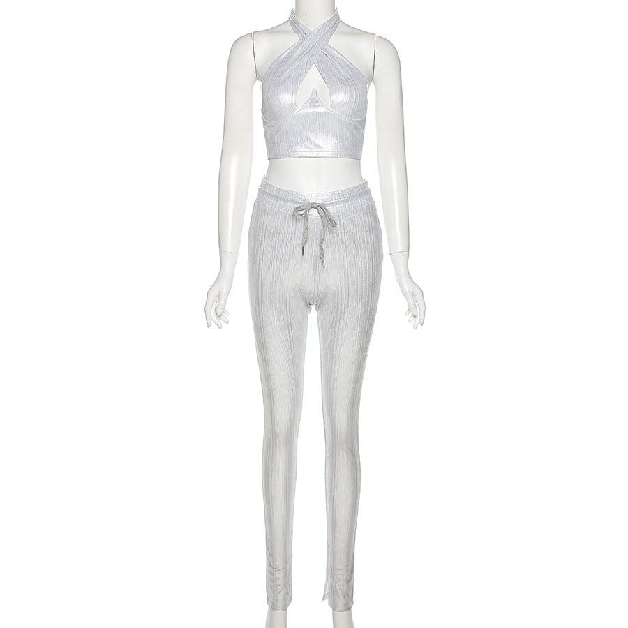 sixsr Sexy Bright Women 2-Piece Suits Criss Cross Halter Camisole Tops+Skinny Split Pants Sportswear Female Night Clubwear