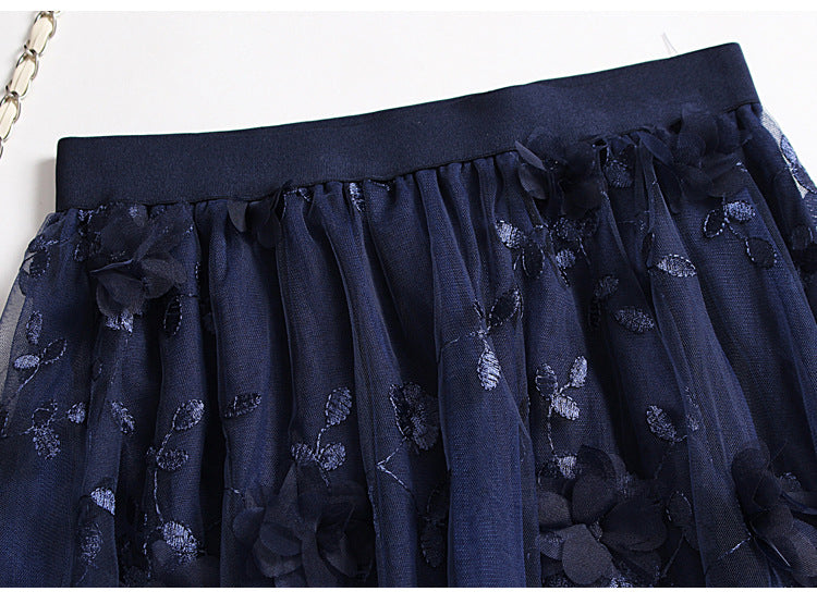 sixsr Luxury Woman Skirts Korean style Fashion Elastic Waist Appliques Embroidery Floral Mesh Skirt Long Gauze Ball Gown Skirt