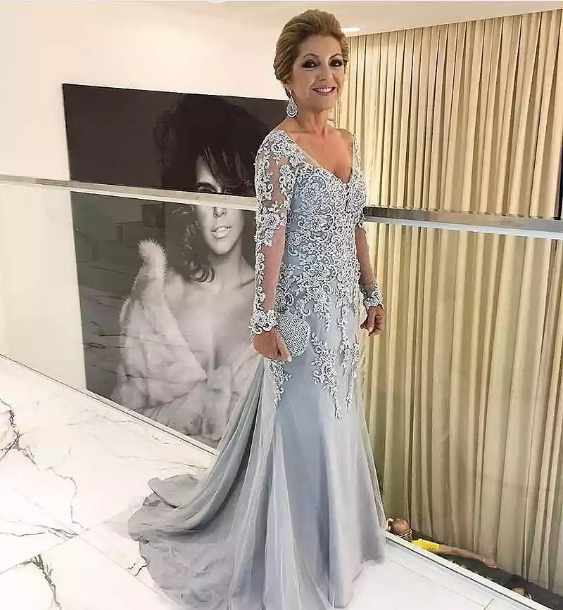 sixsr Elegant Silver Long Sleeves Mother Of The Bride Clothes V Neck Bride Patin Evening Dress Wedding Party Guest Clothes New