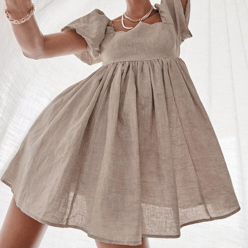 Sixsr Vintage Casual Short Dress Summer Women Puff Sleeve A Line Dresses High Waist Square Collar Linen Ladies Dress Khaki