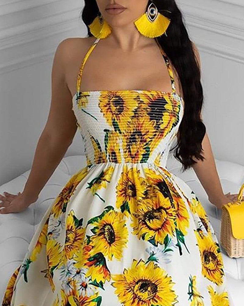 Sixsr Women Sexy Open Back Sunflower Print Bandage Boho Maxi Dress Summer Beach Holiday Halter Sleeveless Long Dress