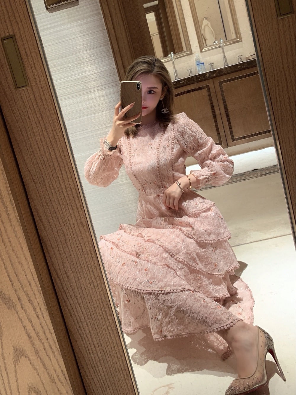 sixsr Pink Lace Embroidery Maxi Dress Female spring Winter Full sleeve high waist Ruffle elegant Long party dresses Woman