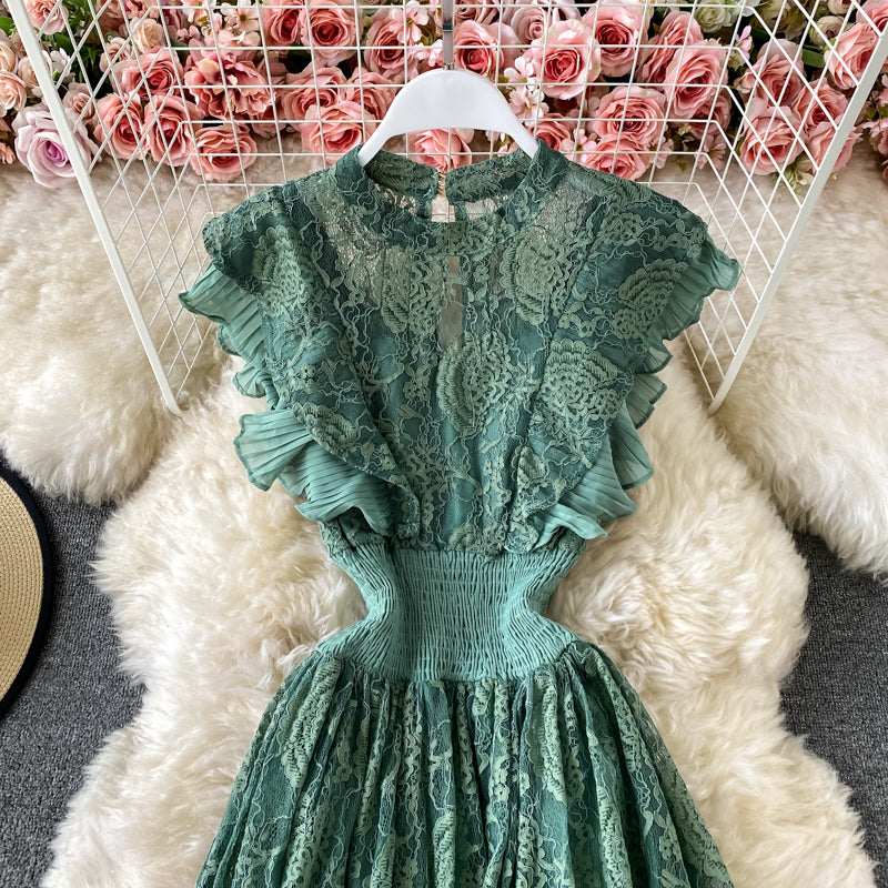 Sixsr Vintage Purple/Green/Red Lace Midi Dress Women Sweet Round Neck Ruffle Vestidos Female High Waist Slim Robe Spring Autumn