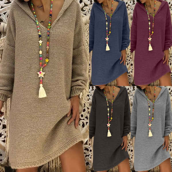 Sixsr Sweater Dress Women Hooded Collar Long Sleeve V-neck Pure Color Knitted Pullover Spring Autumn Oversize Sweaters Pullovers