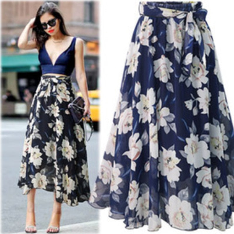 sixsr  New Plus Size Women Chiffon Skirt Europe Fashion Bow Saia Midi Lining Jupe Femme Lace Up Falda Mujer Summer Print Floral Skirts