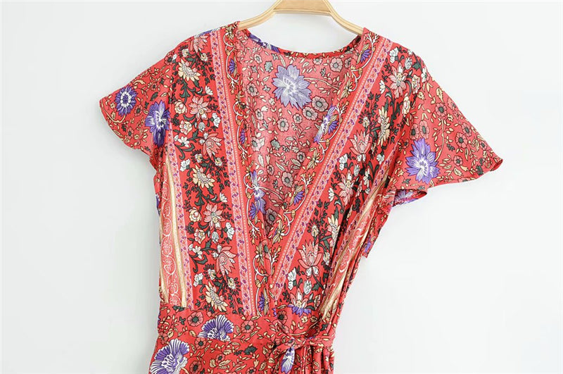 Sixsr Vintage chic vestidos women Floral print bat sleeve beach long Bohemian maxi dress Ladies sexy V neck Summer Boho happie dress