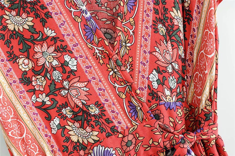 Sixsr Vintage chic vestidos women Floral print bat sleeve beach long Bohemian maxi dress Ladies sexy V neck Summer Boho happie dress