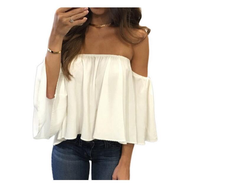 Summer T-shirt Women Fashion Sexy Chiffon Off Shoulder Shirts Strapless Short Sleeve Beach Tops Tee Feminine 5XL