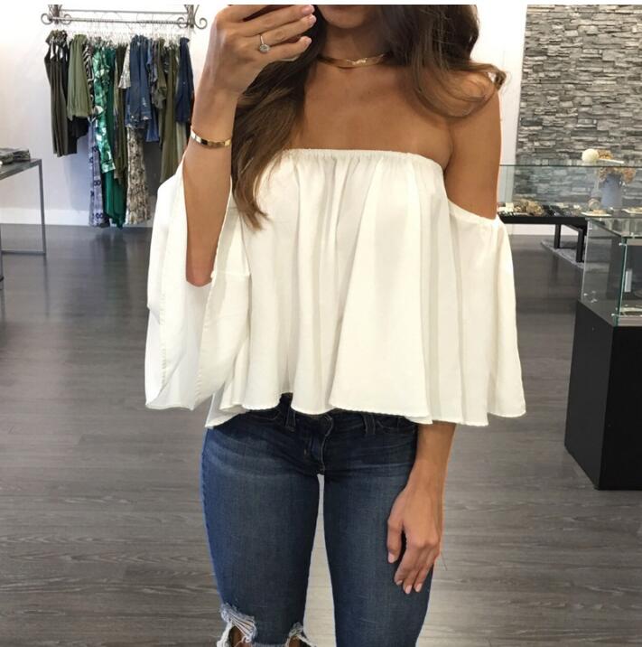 Summer T-shirt Women Fashion Sexy Chiffon Off Shoulder Shirts Strapless Short Sleeve Beach Tops Tee Feminine 5XL