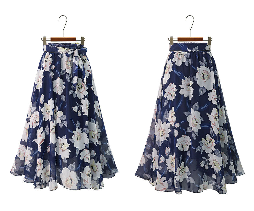 sixsr  New Plus Size Women Chiffon Skirt Europe Fashion Bow Saia Midi Lining Jupe Femme Lace Up Falda Mujer Summer Print Floral Skirts