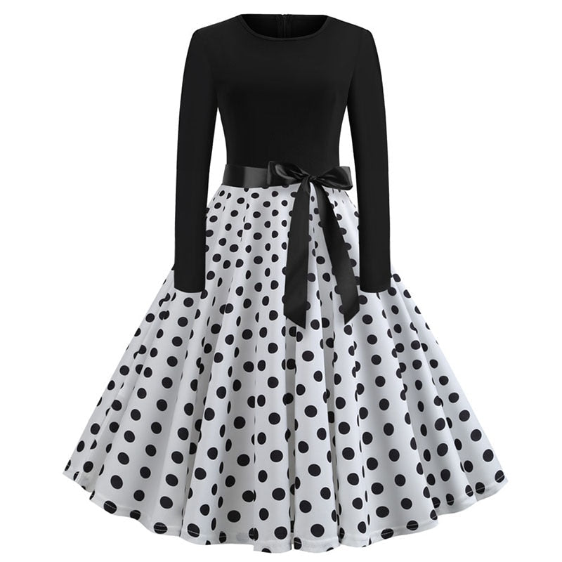 Sixsr Winter Christmas Dresses Women 50S 60S Vintage Robe Swing Pinup Elegant Party Dress Long Sleeve Casual Plus Size Print Black