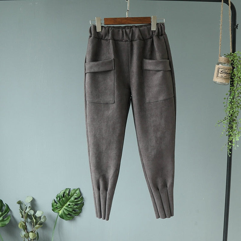 Casual Autumn Winter Women Pants Korean Elastic High Waist Pockets Suede Harem Pants Trousers Women Pantalon Femme