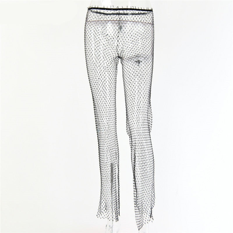 New Crystal Diamond Shiny Women Pants Summer Sexy Hollow Out Elastic Fishnet Trousers Fashion See Through Beachwear sixsr