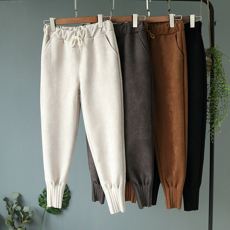 Casual Autumn Winter Women Pants Korean Elastic High Waist Pockets Suede Harem Pants Trousers Women Pantalon Femme