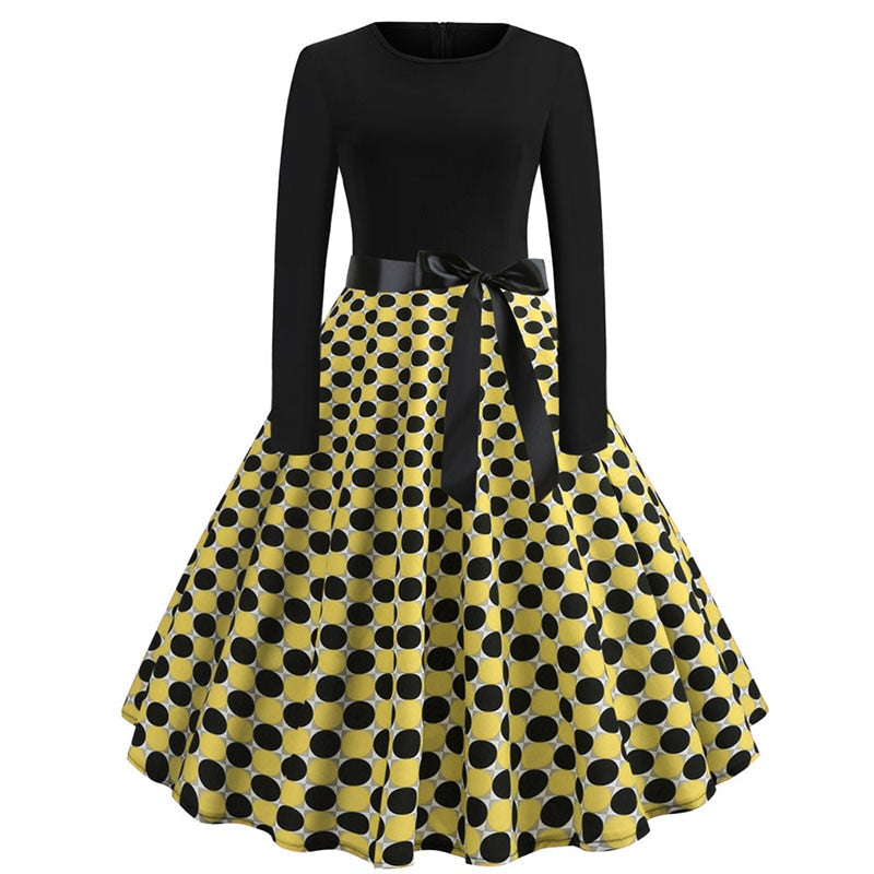 Sixsr Winter Christmas Dresses Women 50S 60S Vintage Robe Swing Pinup Elegant Party Dress Long Sleeve Casual Plus Size Print Black