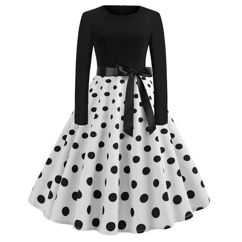 Sixsr Winter Christmas Dresses Women 50S 60S Vintage Robe Swing Pinup Elegant Party Dress Long Sleeve Casual Plus Size Print Black