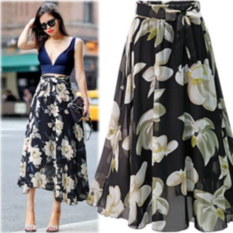 sixsr  New Plus Size Women Chiffon Skirt Europe Fashion Bow Saia Midi Lining Jupe Femme Lace Up Falda Mujer Summer Print Floral Skirts