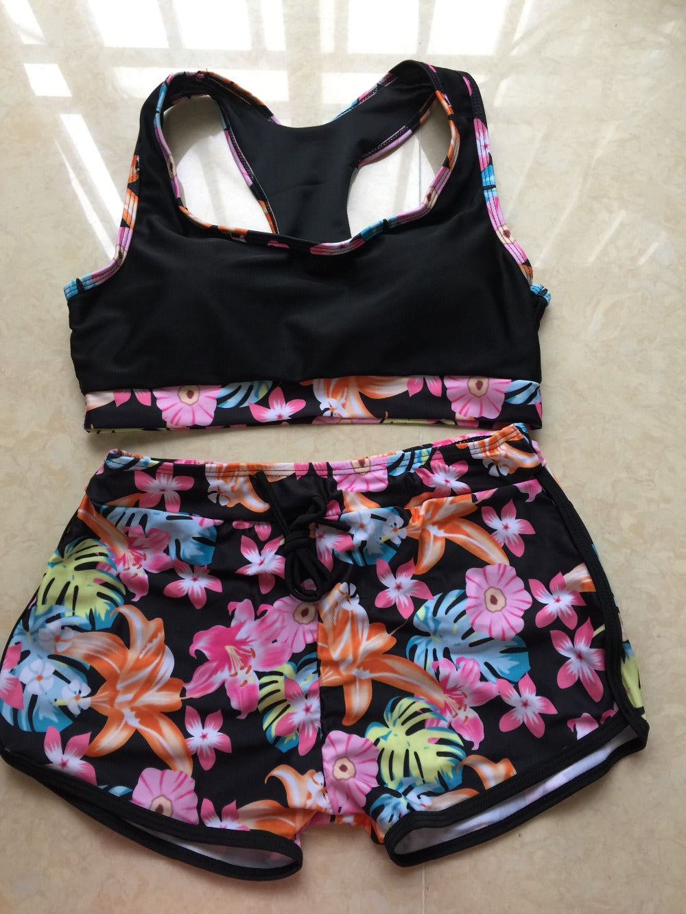 sixsr womens fashion New Sporty Bikini Racerback Top Short Pants Printed Women Bikini set Femme Bathing suit Swimming suits Beachwear Biquini