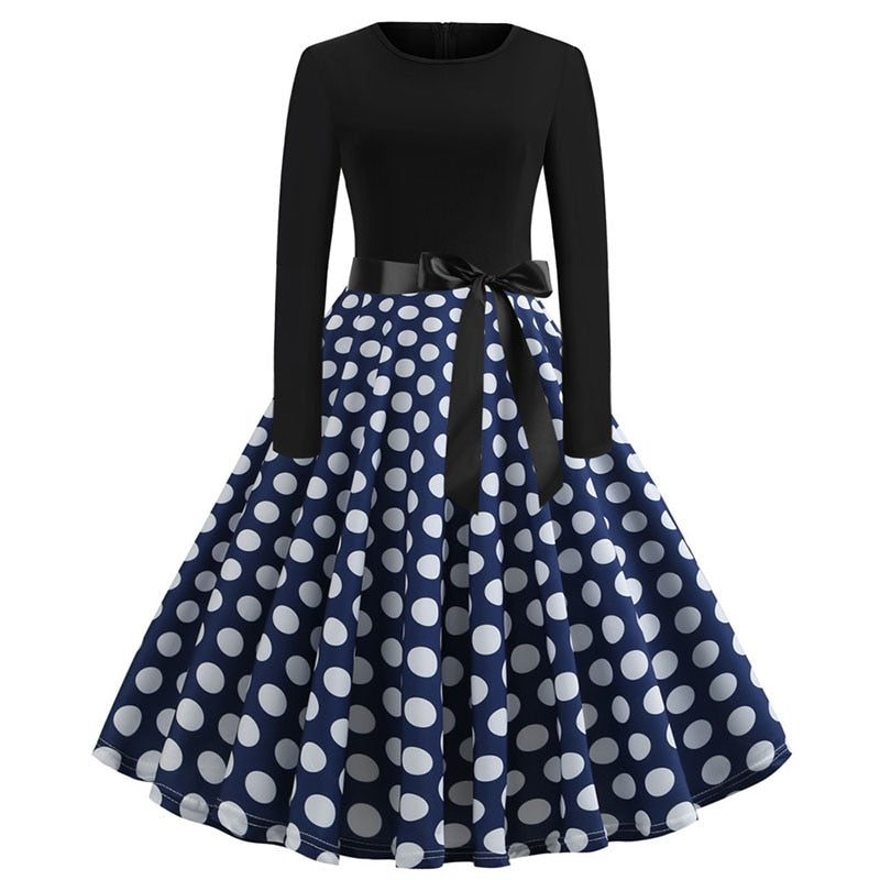 Sixsr Winter Christmas Dresses Women 50S 60S Vintage Robe Swing Pinup Elegant Party Dress Long Sleeve Casual Plus Size Print Black