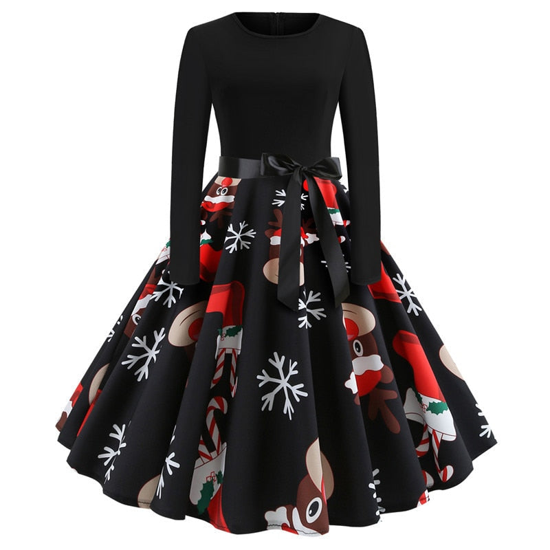 Sixsr Winter Christmas Dresses Women 50S 60S Vintage Robe Swing Pinup Elegant Party Dress Long Sleeve Casual Plus Size Print Black