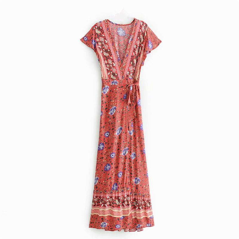 Sixsr Vintage chic vestidos women Floral print bat sleeve beach long Bohemian maxi dress Ladies sexy V neck Summer Boho happie dress