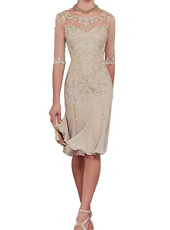 sixsr Half Sleeves Chiffon Mother of The Bride Dresses knee Length Mother Formal Dress Party Dinner Prom Dress Bride