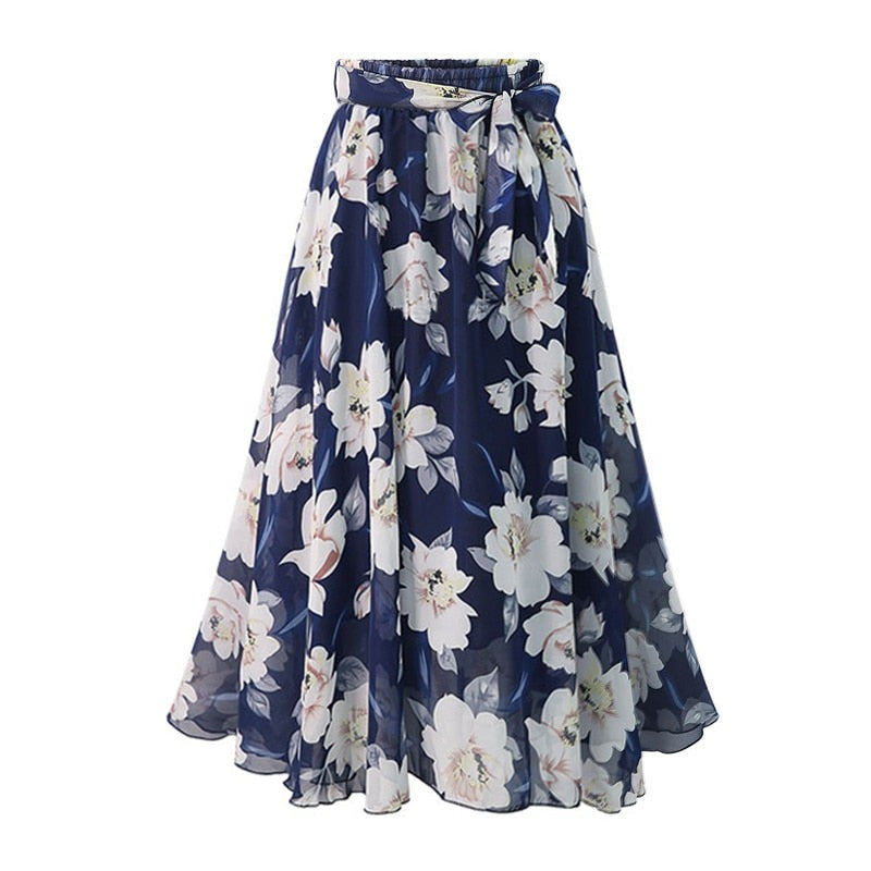 sixsr  New Plus Size Women Chiffon Skirt Europe Fashion Bow Saia Midi Lining Jupe Femme Lace Up Falda Mujer Summer Print Floral Skirts