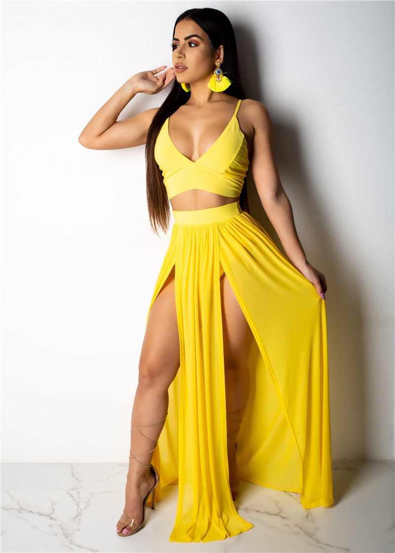 sixsr  Sexy Women Set Two Pieces Spaghetti Strap Top Long Slit Skirt Summer Chiffon 2 Pieces Set Outfit Solid Pattern Outdoor Wear